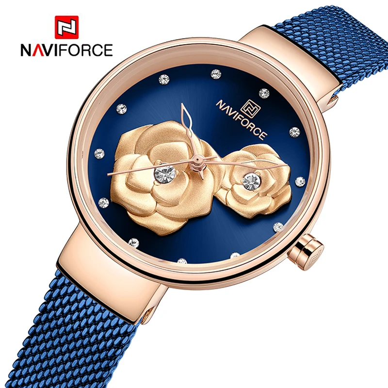 NAVIFORCE Elegant Fashion Women Watches Casual Wild Quartz Female Wristwatch Mesh Stainless Steel Waterproof Ladies Clock