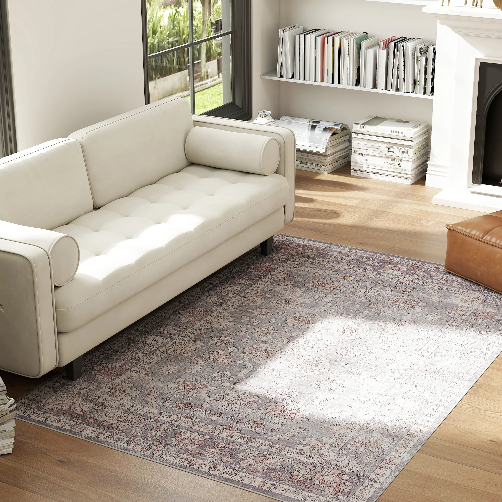 Area Rug 4x6, Machine Washable Rug, Non-Slip Traditional Flower Print Floor Cover Foldable Carpet, Grey and Brown