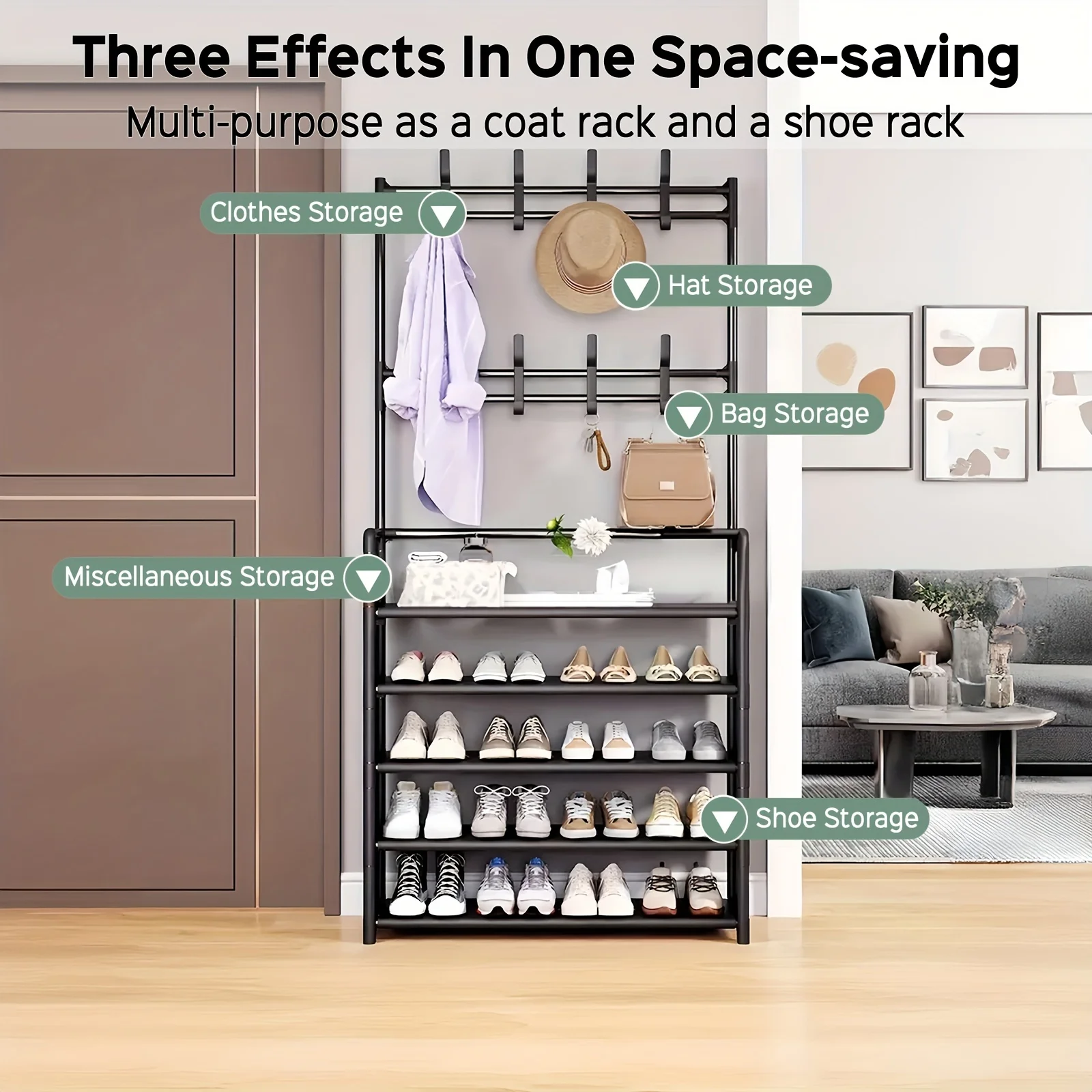 Sturdy Hanger and Shoe Storage Box Freestanding with 8 Hooks and Shelves Perfect for Organizing Coats and Shoes in Home Entrance image 3