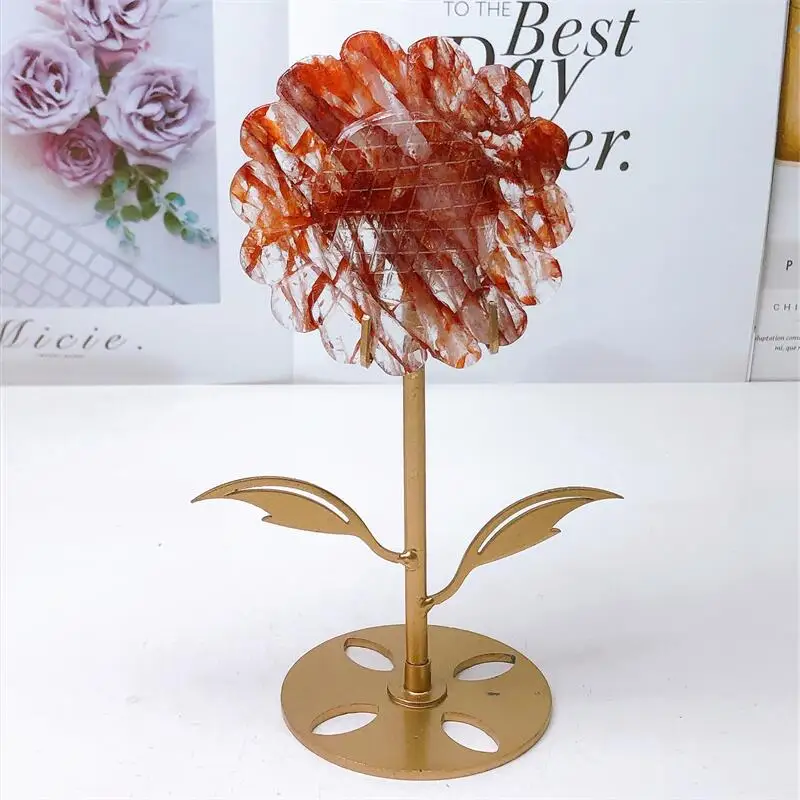 Natural Red Fire Quartz Hematoid Sunflower Crystal Carved Figurine Fashion Holiday Gift Quartz Carving Healing Home Decoration