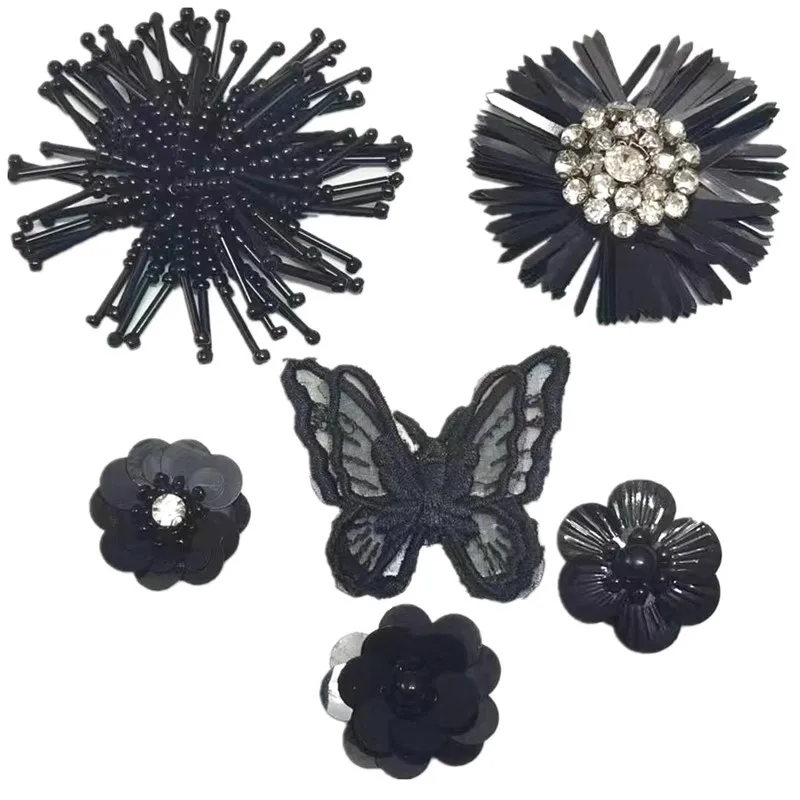 Hand-nailed Black Patch Beads Flower Cloth Paste 3D Clothing Accessories Patchwork Hole Glitter Patch Decoration DIY Applique