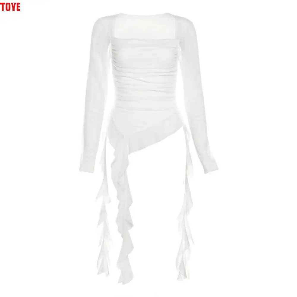 

Streetwear Jellyfish Mesh Belt T-Shirt Elf Long Sleeve Korean Y2K Ins Slim Fit Crop Tops Irregular Transparent