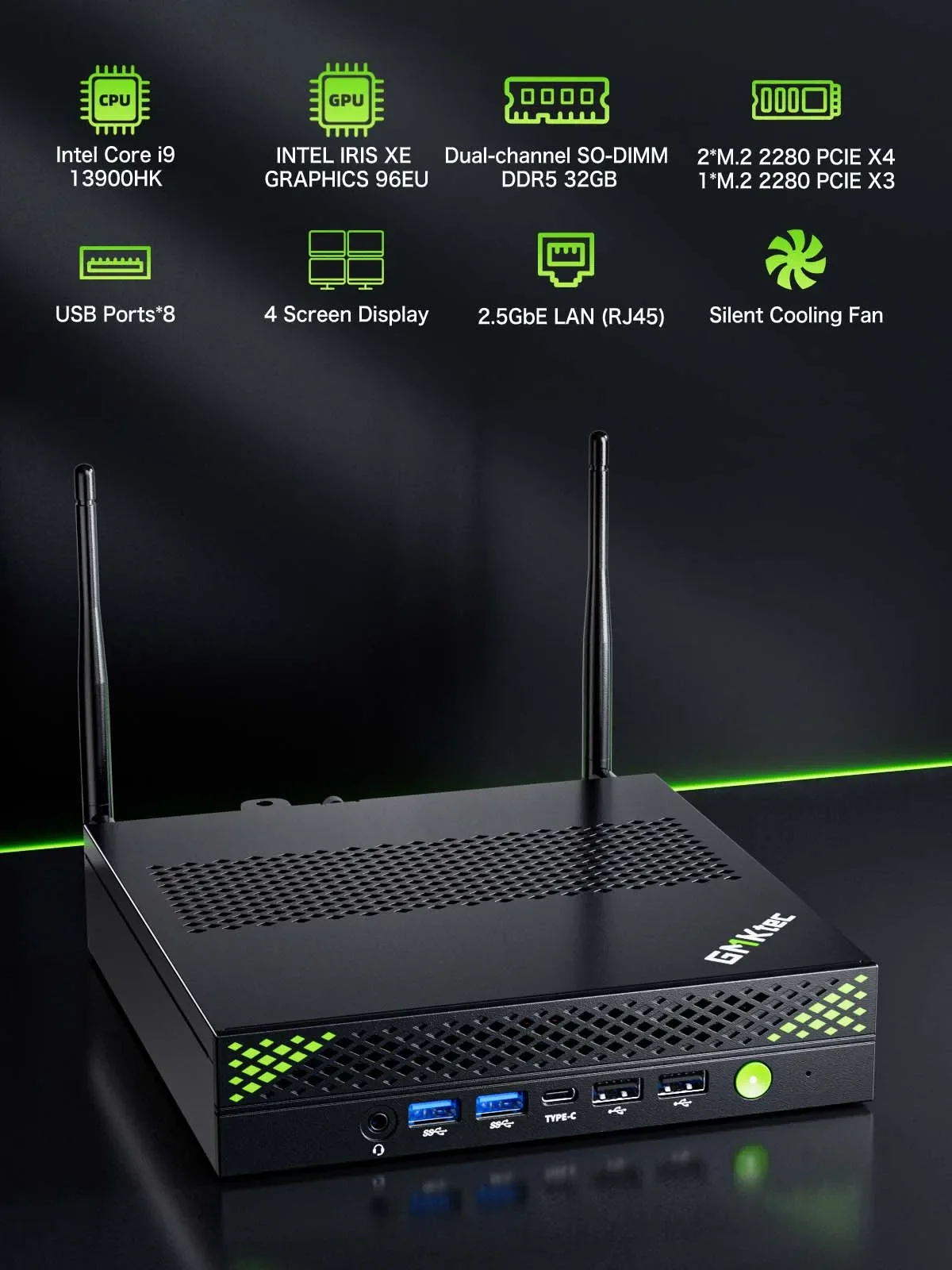GMKtec K10 كمبيوتر صغير 13th Core i9-13900HK Windows 11 Pro 2 * DDR5 3 * PCIE SSD WIFI6 BT5.2 2.5G Lan ordinateur de Bureau كمبيوتر صغير