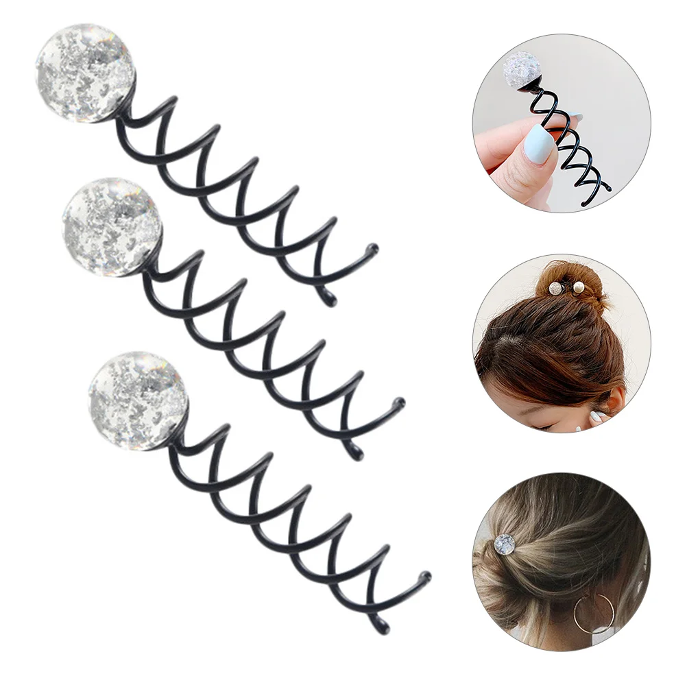 3 Pcs Hair Clips Bun Pins Brown Spiral Crystal Accessories for Women Metal Bride