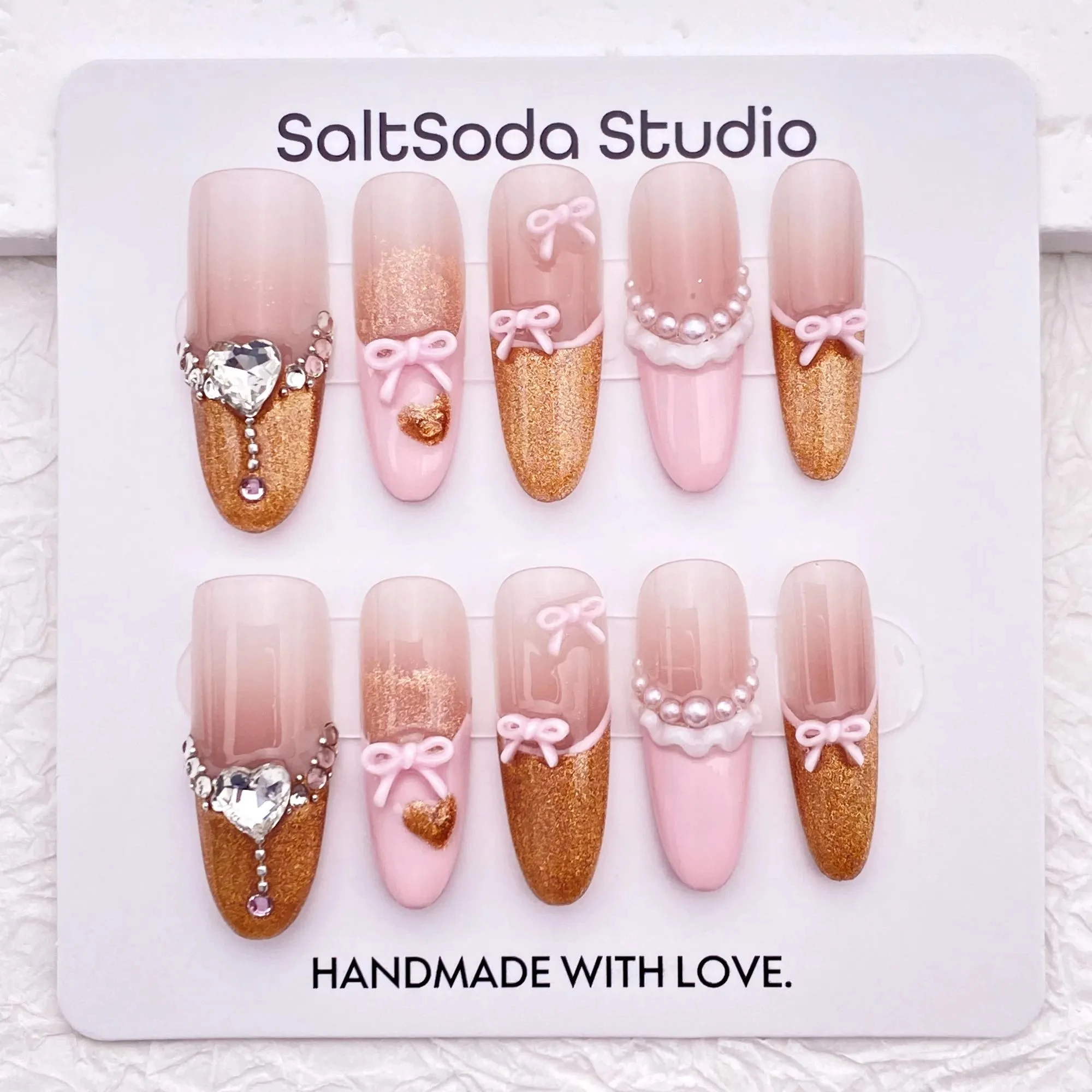 

Милые блестящие золотые и розовые хрустальные ногти принцессы с бантиками, милые французские ногти с ручной росписью, высококачественные многоразовые ногти