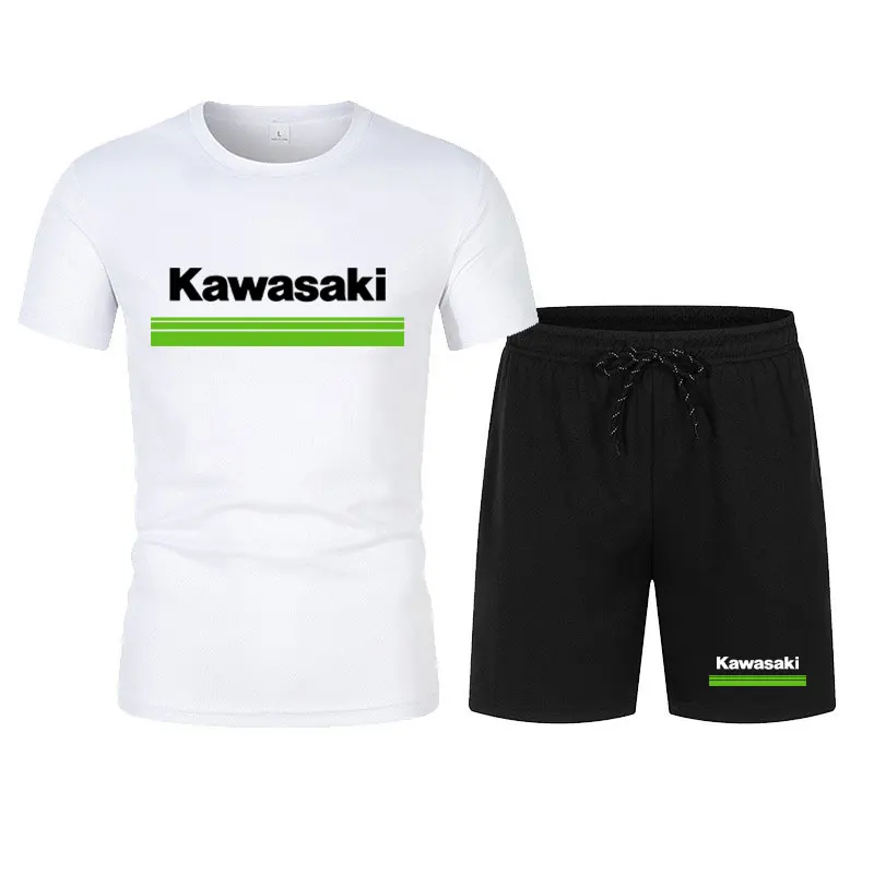 Kawasaki Motorcycle Racing Team Men T-shirt Shorts Set Summer New Fashion Male Tops Bottoms Sets Sport Men\'s Clothes Suits