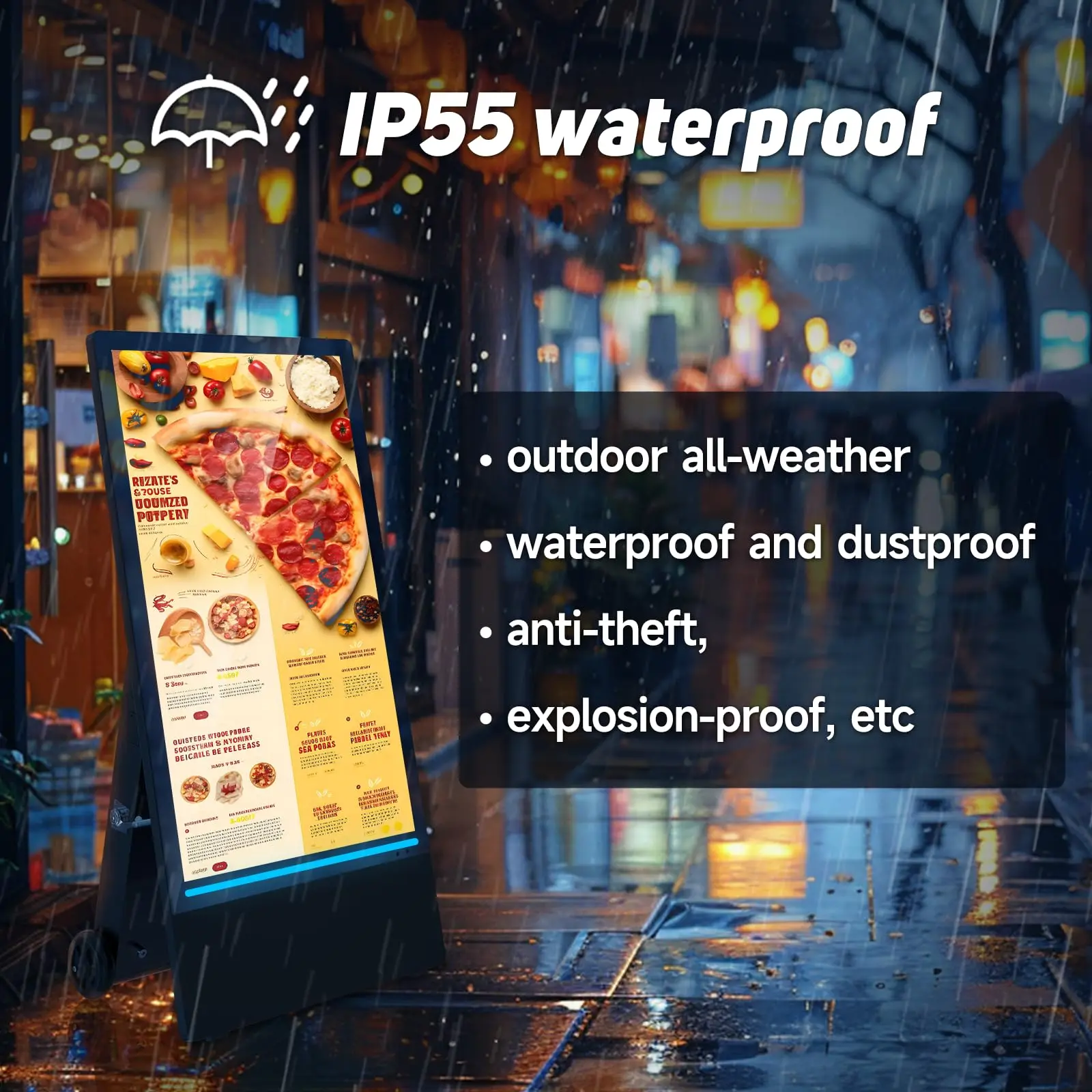 شاشات لافتات رقمية محمولة قابلة لإعادة الشحن مقاس 43 بوصة من MWE، مقاومة للماء IP55، شاشة مقسمة LCD ذكية، كشك متحرك