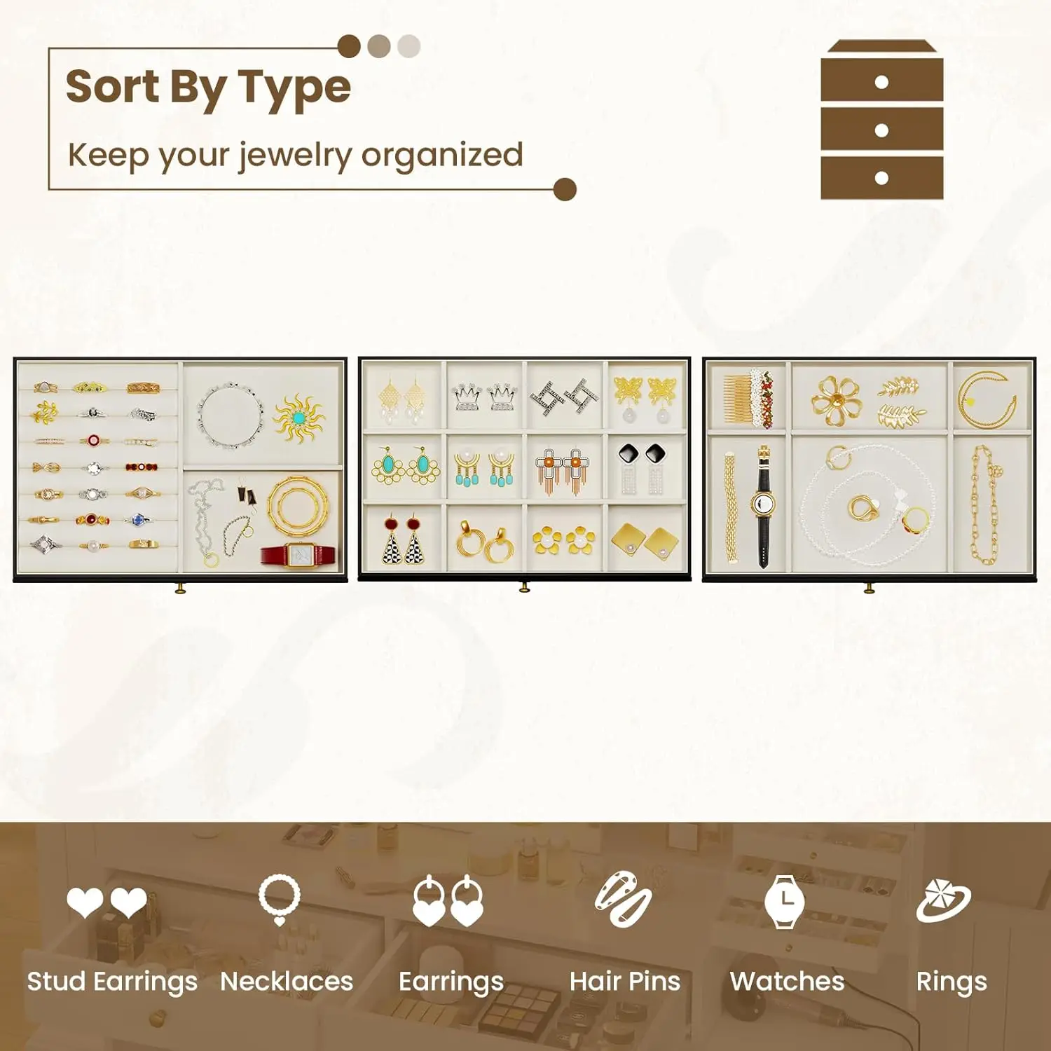 Meja Rias Rias dengan Cermin Geser Menyala & Organizer Perhiasan, Meja Rias Rias dengan 5 Laci, Hitam Modern