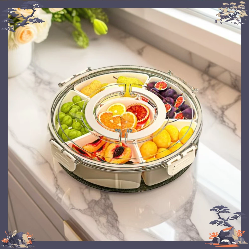 Home Use Portable Living Room Fruit Tray with Snack Display Separated Food Storage Box with Lid Rotating Handheld Tray
