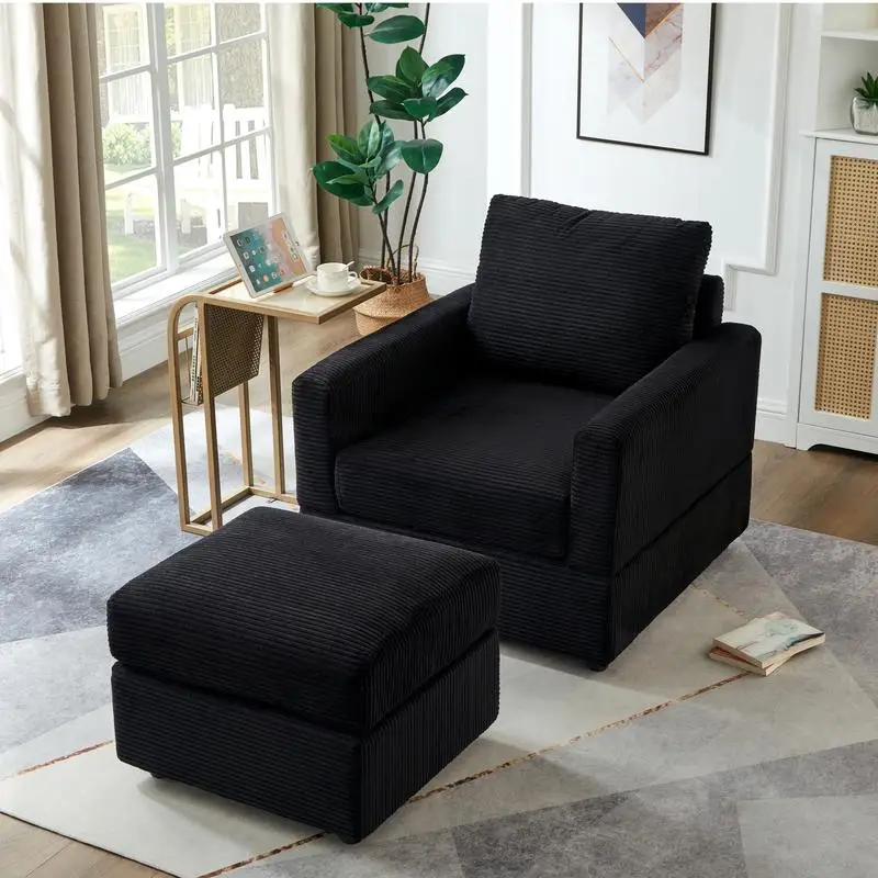 Classic Corduroy Chaise Lounge Sofa Chair with Ottoman for Living Room - Comfy Black Upholstered Accent Couch