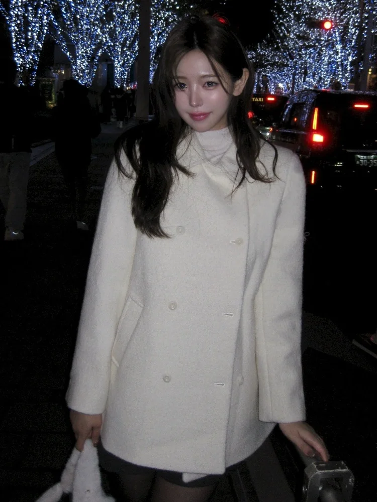 Ele White Woolen Coat for Women Korean Sle Vintage Lapel Double Buttoned Outerwear Mid-Length Loose Fit Winter Faion