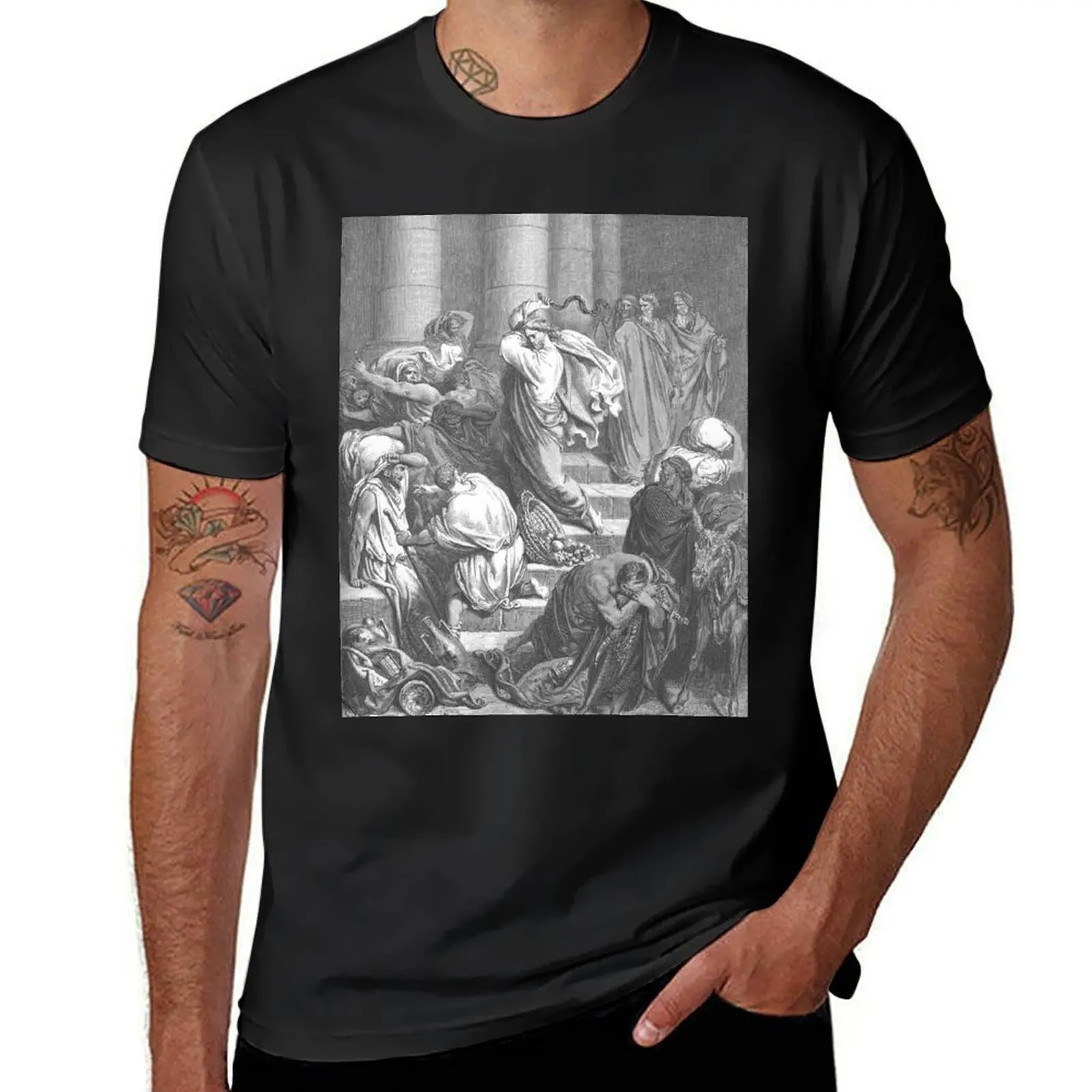 Expulsion of the Merchants from the Temple (1866) - Gustave Doré T-Shirt vintage quick drying cute tops black t shirts for men