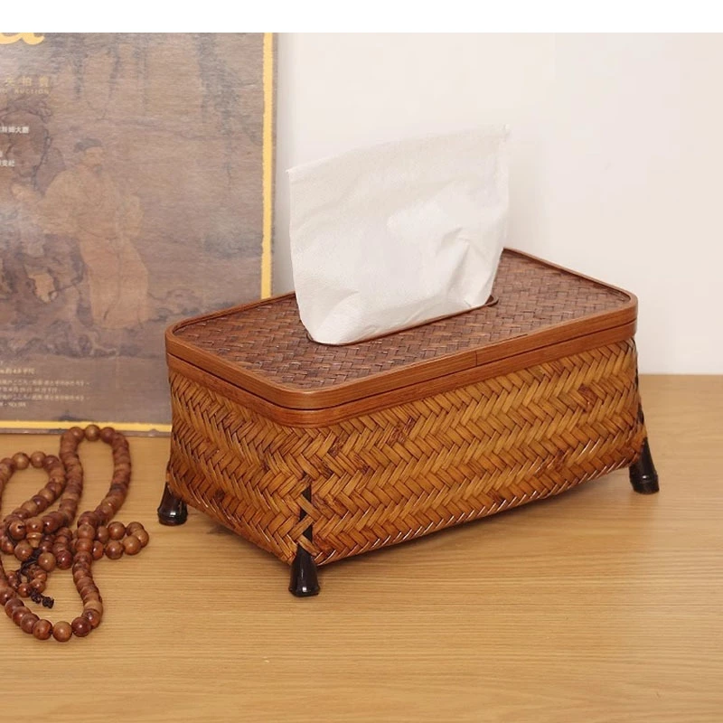 Handmade Bamboo Woven Tissue Box Dining Table Tabletop Napkin Paper Removable Home Storage Container