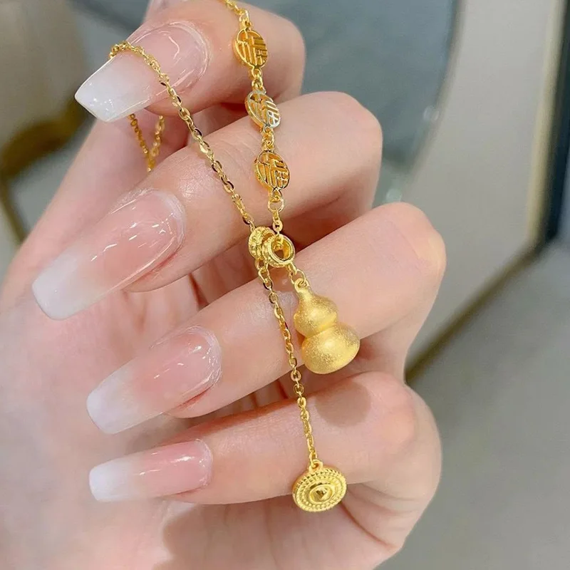 

New Chinese-style golden gourd necklace Fashion 18K Gold Plated Copper Gourd Pendant Tassel Fu Jewelry Necklace for Women