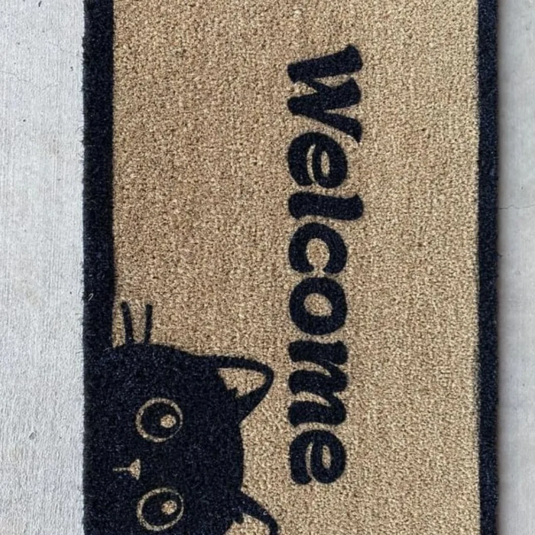 Welcome Black Cat Coir Door Mat Cute Hidden Kitten Print Indoor Outdoor Front Entryway Doormat Home Entrance Decor Rug