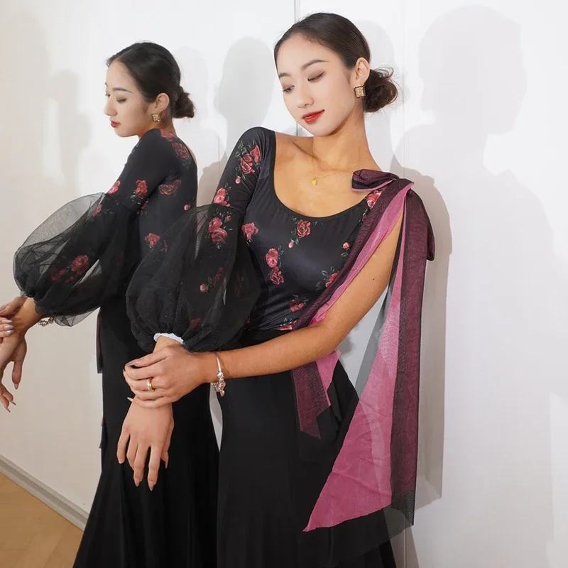 Ballroom Dans Kleding Vrouwen Prestaties Tops Mesh Pofmouwen Bloem Wals Dans Kostuum Rmba Latin Dans Slijtage BL11303