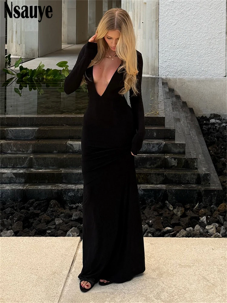 Nsauye 2025 feminino verão outono elegante manga longa moda maxi decote em v baixo corte vestido básico sexy night club festa envoltório vestido