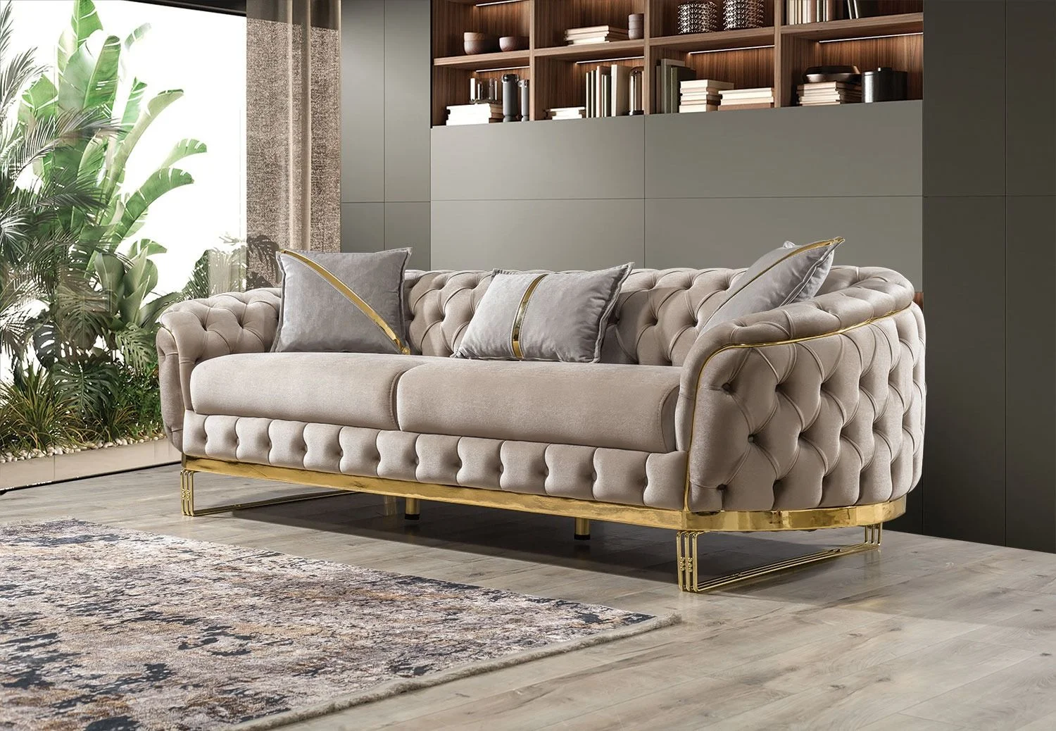 Luxury Modular Fabric Sofa Set Home Hotel Stainless Steel Velvet Button Tufted Upholstered Couch Sectional Living Room Sofas - view 3