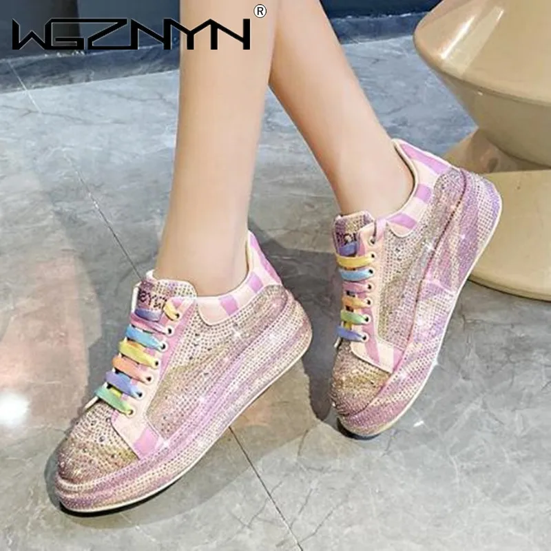 New 2023 Autumn Women Street Style Platform Shoes Rhinestones Thick-soled Shoes Shining Crystal Sneakers Trend Casual Sneakers