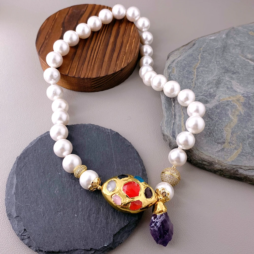 

YYGEM 12 мм круглый белый морской ракушка жемчуг кошачий глаз бусина аметист разъем кулон колье ожерелье