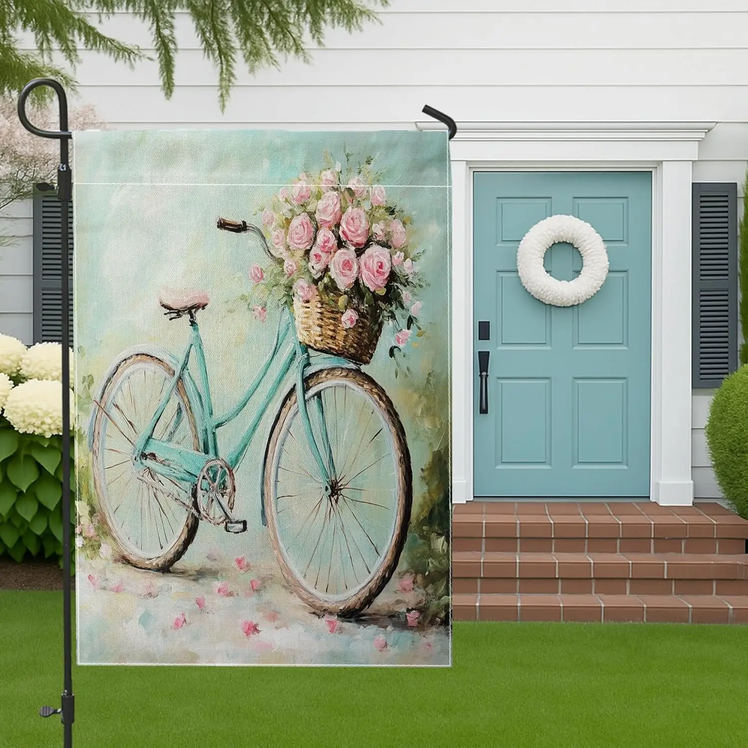 Bike Garden Flag, Spring Vintage Flowers Basket Spring Teal Double Sided Burlap Yard Decorative Flags for Outdoor Patio Lawn PPM
