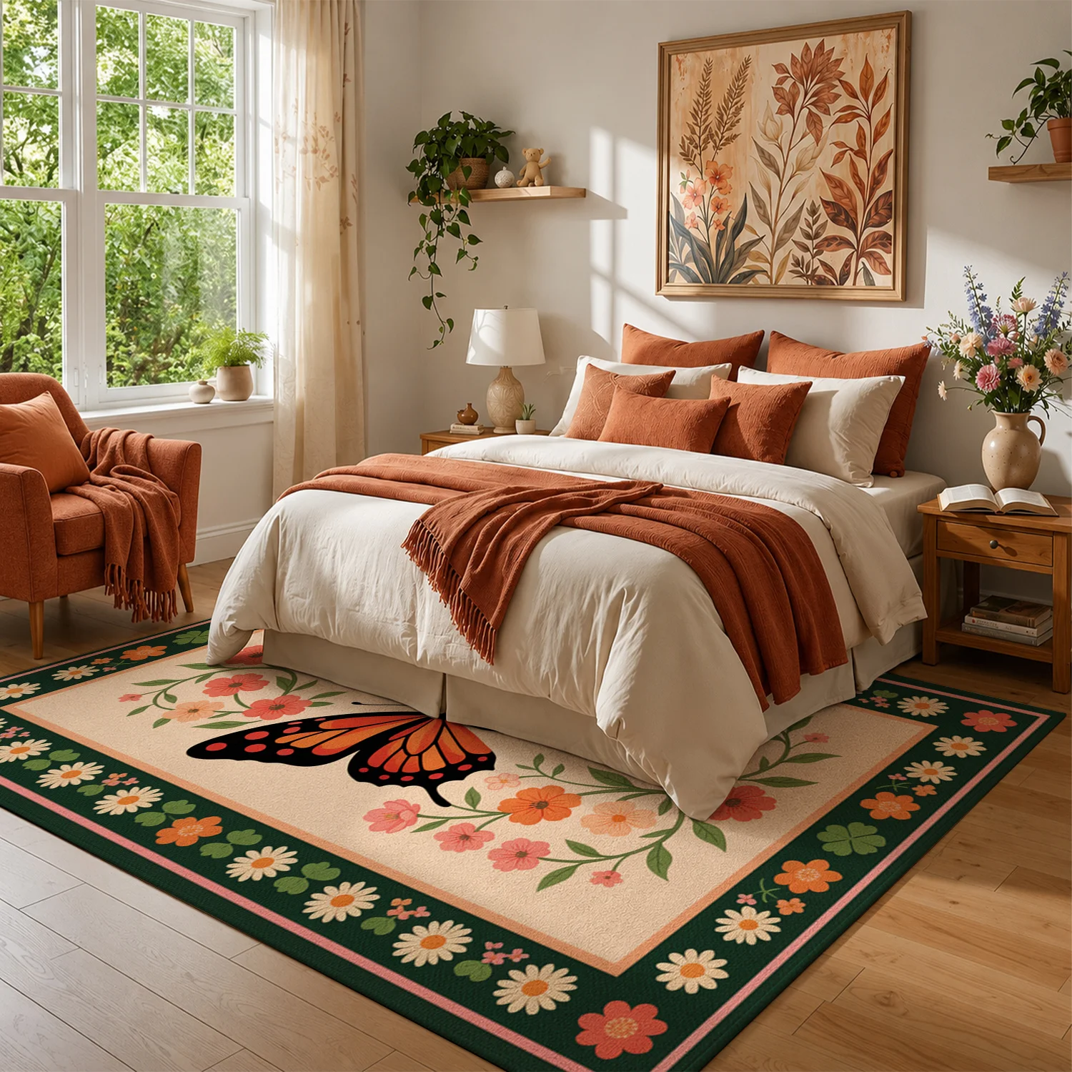 Monarch Butterfly Floral Pattern Area Rug, Velvet Soft Floor Rug, Machine Washable, Suitable for Living Room, Bedroom, Entryway, Ideal Home Decor for Halloween, Thanksgiving, Christmas, New Year, Black Friday, Cyber Monday