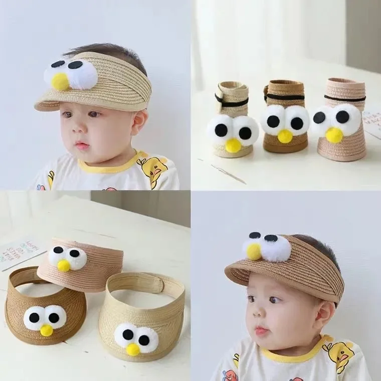 Children's Hats Summer Sunscreen Men And Women Baby Empty Top Straw Hat Cartoon Big Eyes Sun Hat Thin Section Fisherman Hat