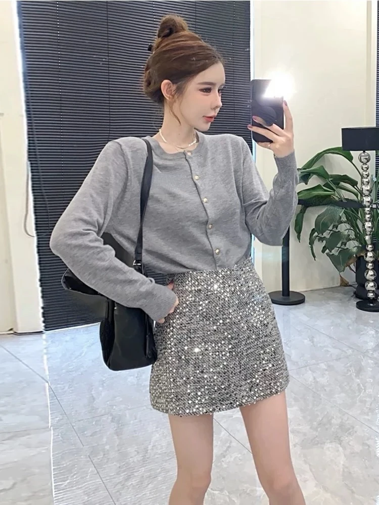 Matakawa Pailletten Herbst Winter Frauen Röcke A-line Korean Fashion Solid Elegante Faldas Mujer Hohe Taille Casual Mini Rock