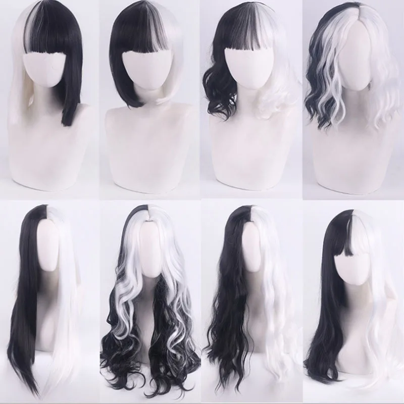 วิกผมคอสเพลย์ครูเอลลา เดอ วิล 101 ดัลเมเชียนส์ สีดำและสีขาว ตัวร้าย สไตล์อนิเมะที่เข้ากันกับสี