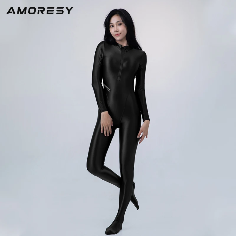 AMORESY Glossy Smooth Competitive One Piece Cosplay Oil Long Sleeve Thin Tights Workout Sports Catsuits Zipper Rompers Jumpsuits