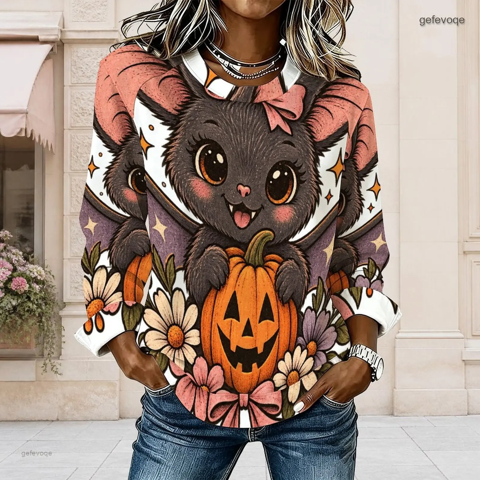 Women Printed Round Neck Long Sleeve Top, Cartoon Panda Ghost Halloween Pattern
