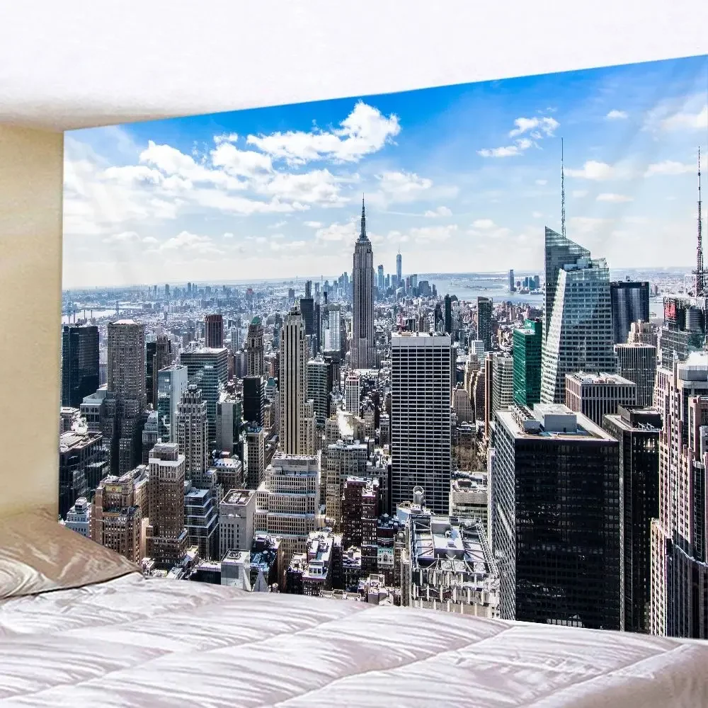 HD-New York City Night Skyline Wall Hanging – Boho Tapestry Art for Urban Bedroom & Home Decor