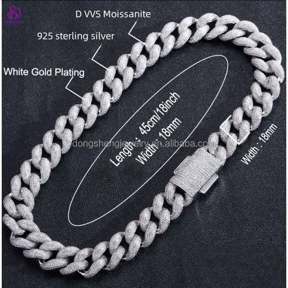 Luxury Through the Drill Pen 925 Silver Fashion Jewelry 18mm 20mm Hip Hop Necklace Iced Out Vvs Moissanite Cuban Link Chain for