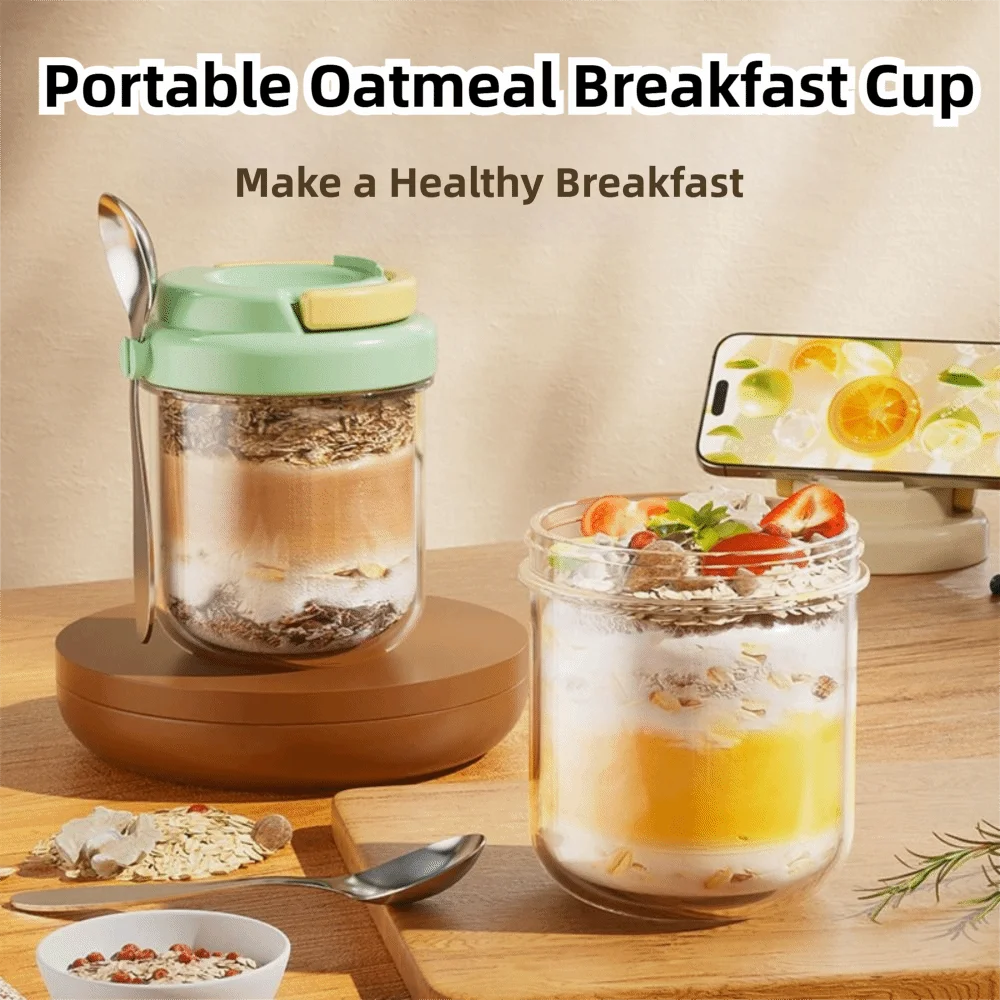 1pc New 430ML Breakfast Cups with Lid and Spoon Portable Yogurt Bowl Leakproof Oats Container Breakfast Home Accessories