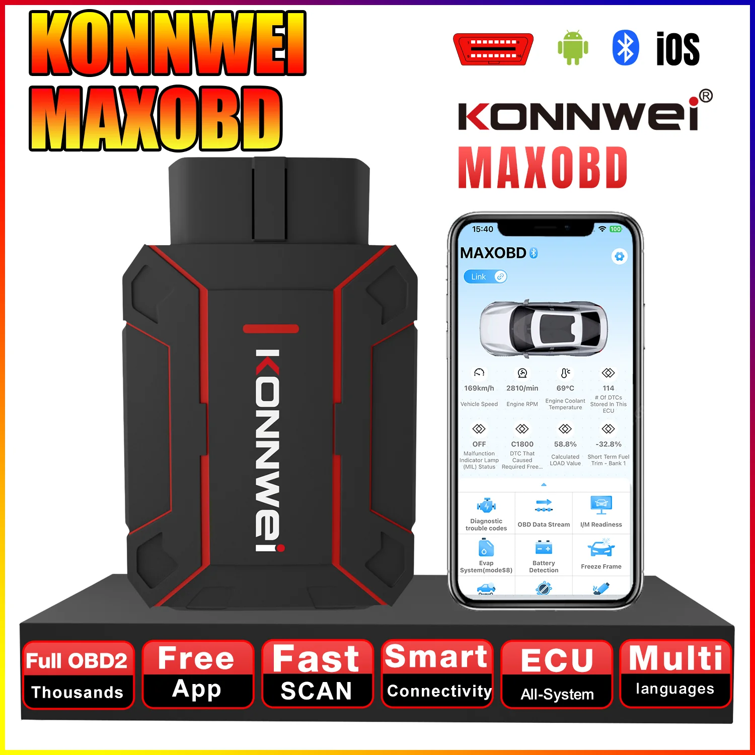 KONNWEI MAXOBD Car All System Scanner Blue-tooth 5.0 with Free MAXOBD APP for Android and IOS Auto Diagnostic Tool MAXOBD