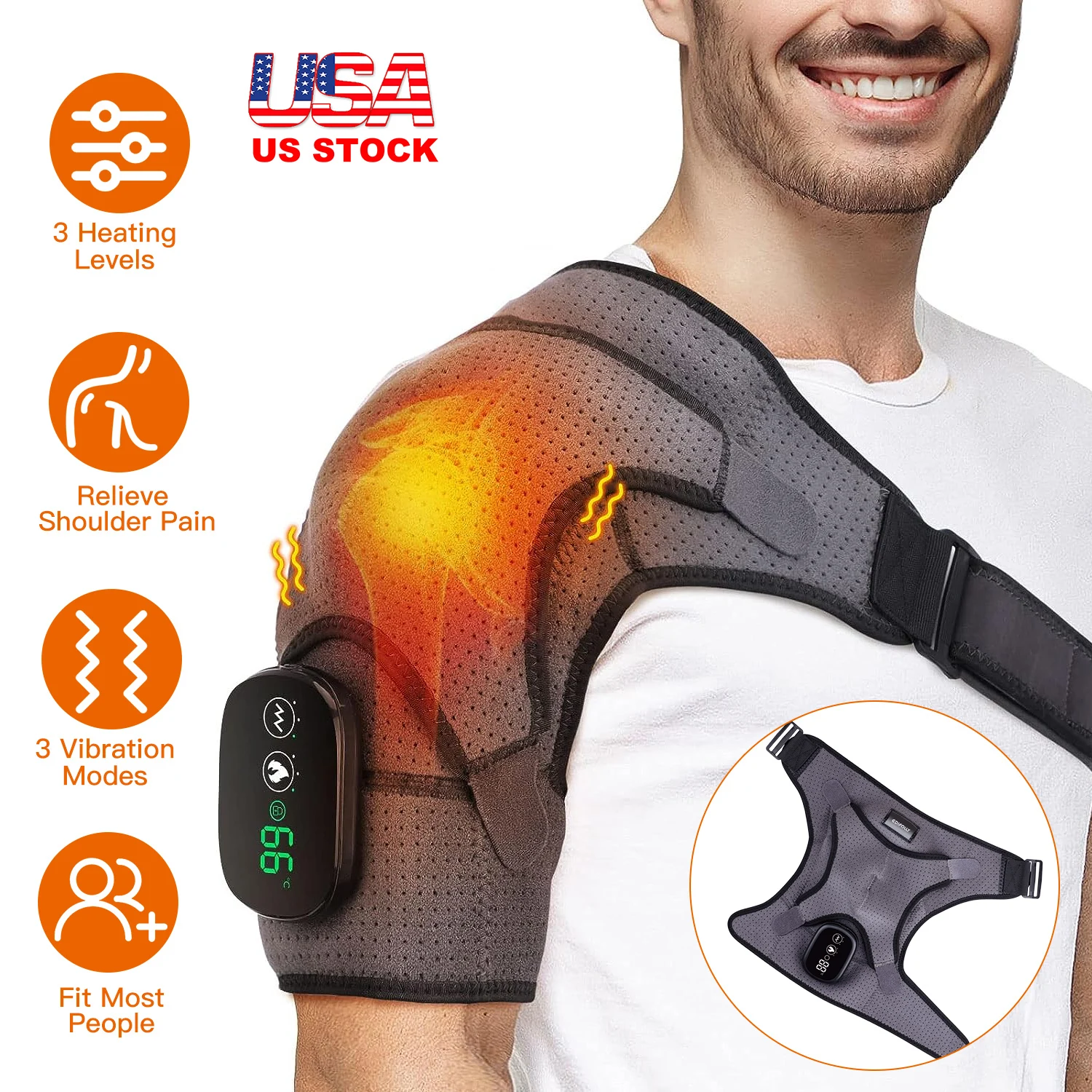 

US Stock Cordless Heated Shoulder Wrap Massager Rechargeable Heating Pad Support Brace Relief Left Right
