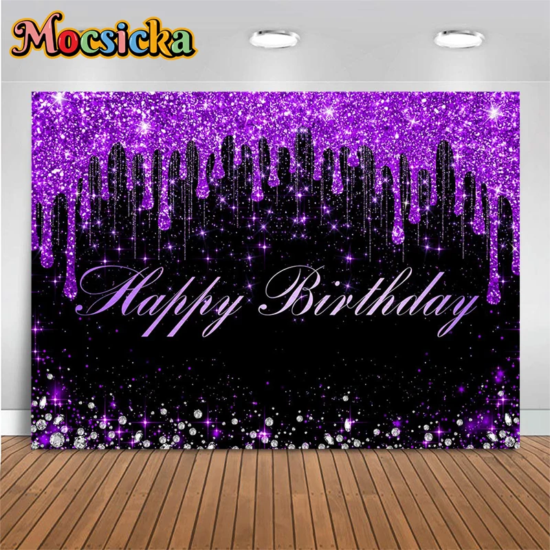 

Mocsicka Happy Birthday Photography Backdrop Black Purple Glitter Diamond Background Cloth Women Girls Party Photo Shoots Decors