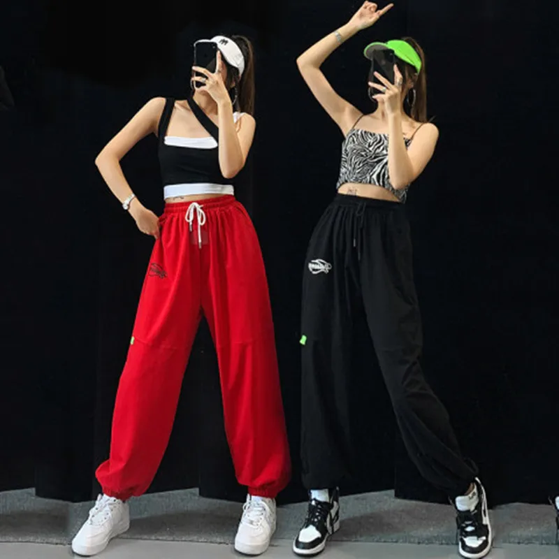 

Женские спортивные брюки American High Street в стиле хип-хоп, джаз, весна-осень, тонкие спортивные брюки с высокой талией, брюки с манжетами, буквы для уличных танцев...