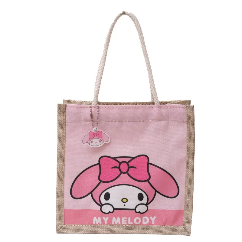 Sanrio Hello Kitty Handbag Flax Large Capacity Tote for Women Girl Kawaii Melody Printing Cartoon Lightweight Shoulder Bag