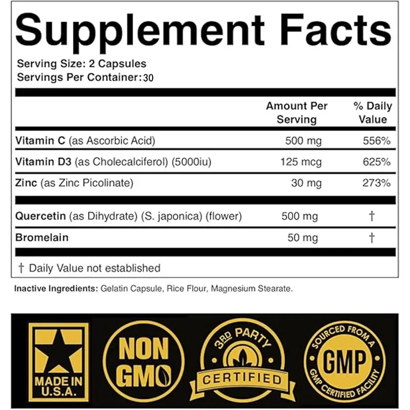 Zinc Quercetin Containing Vitamin C, Vitamin D3, Bromelain Immune Efficient Quercetin Zinc Supplement