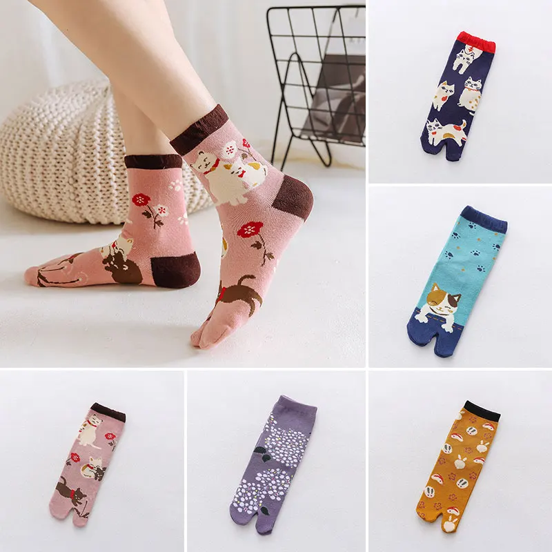 

New Japanese Tabi Two Toe Socks Women Kawaii Cute Multicolor Cat Pattern Breathable Cotton Socks With Separate Toes Gift