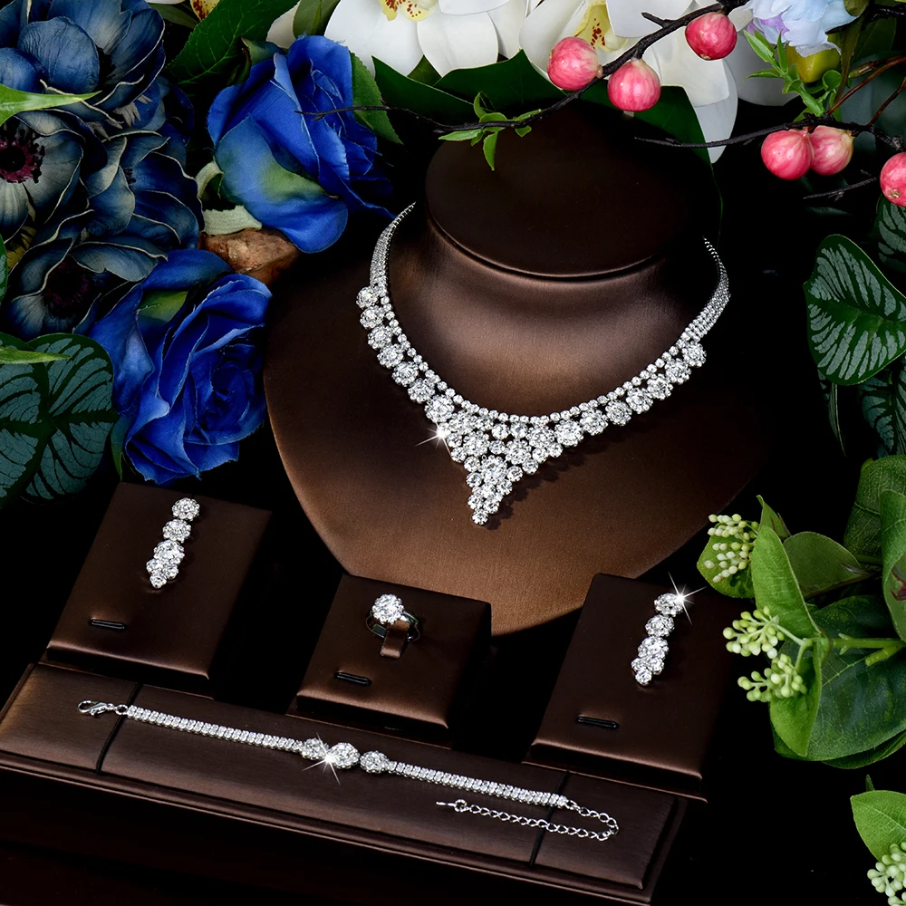 

HIBRIDE 4 Piece Premium Flash Women's Jewelry Necklace Earrings Bracelet Set Suitable for Wedding Dress Party Event Gift S-975