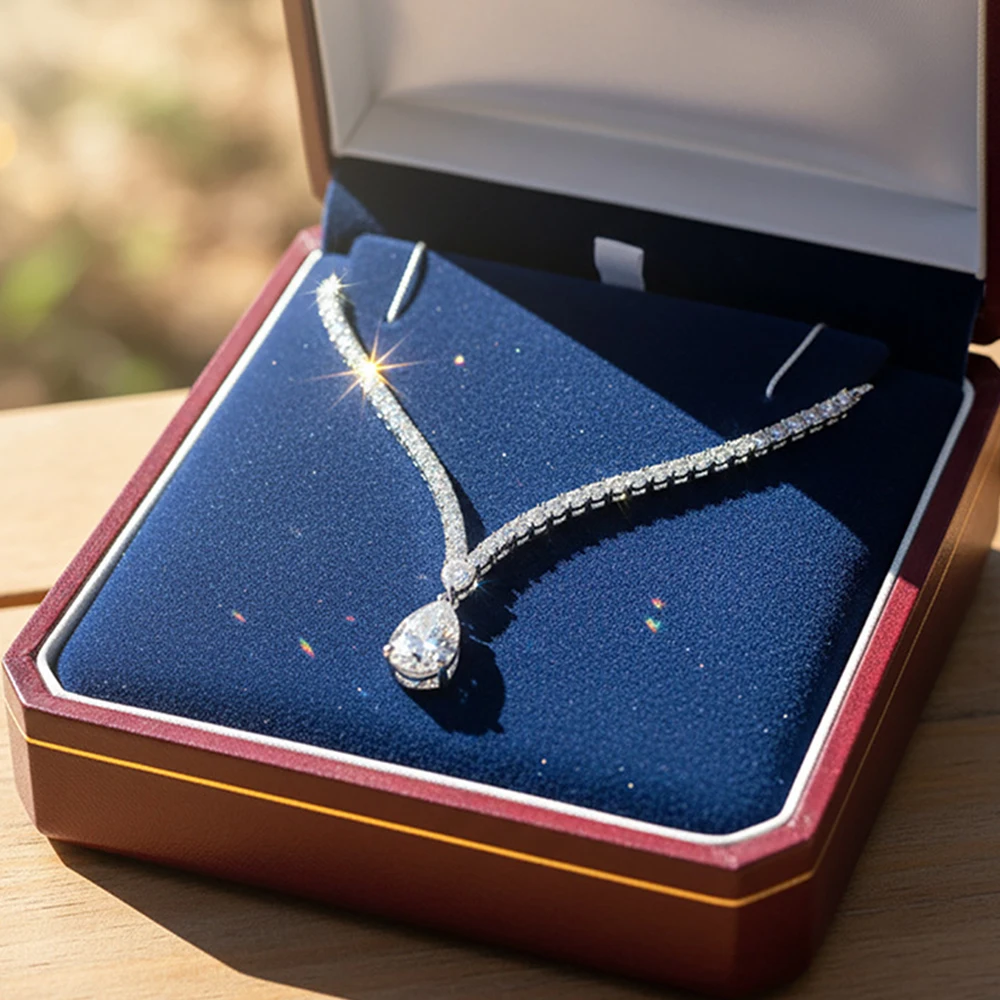 6Carat Pear Cut Full Moissanite Tennis Necklace for Women V-shape 3mm Round Cut Diamond S925 Silver WaterDrop Riviera Necklaces - view 3