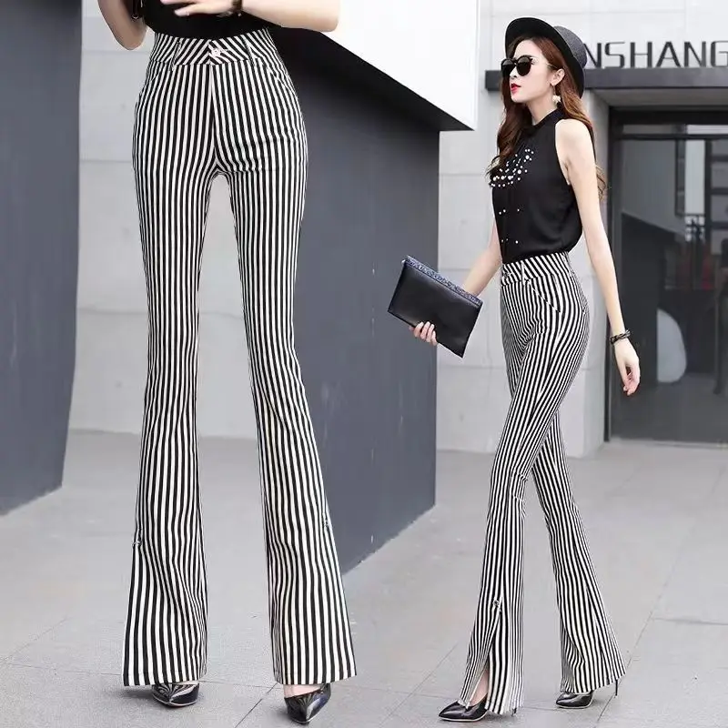 Korean Fashion Summer Suit Pants New Women Striped Pockets Zipper High Waist Split Temperament Chic Slim Straight Flare Trousers