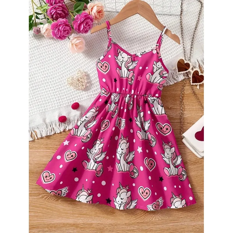 Summer Girls' Printed Cartoon Pattern Sling Dress Casual Outdoor Fashion Thin Shoulder Strap Sleeveless Knee-Length Daily Wear