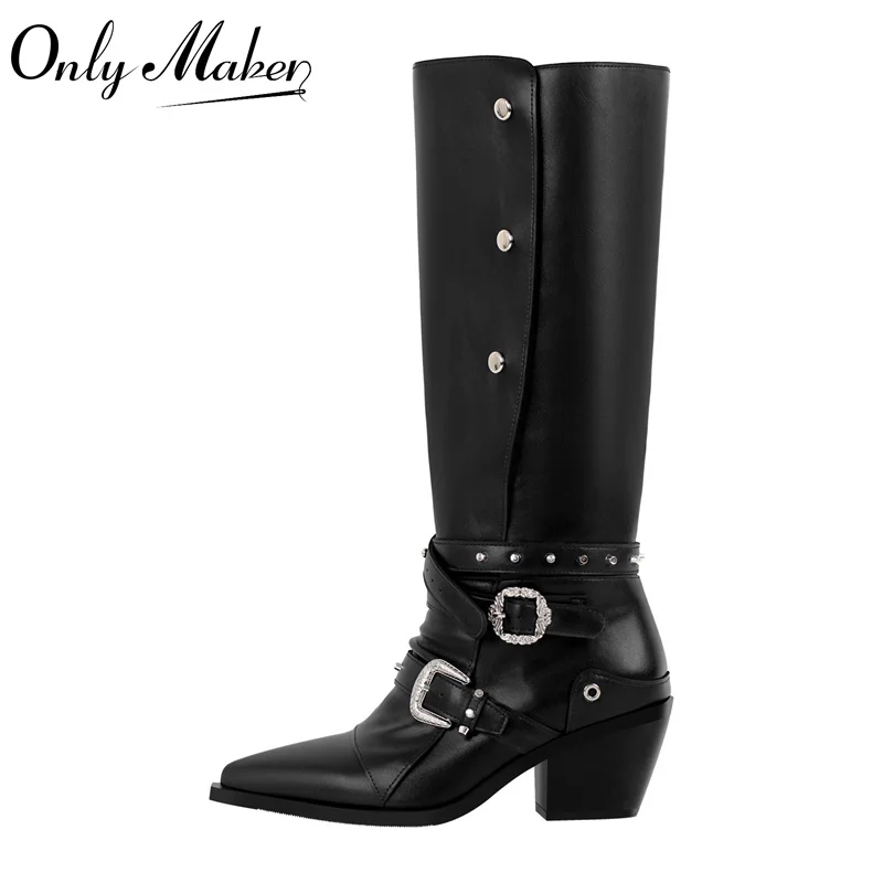 Onlymaker Women Pointed Toe Black Buckle Block Heel Knee High Boots