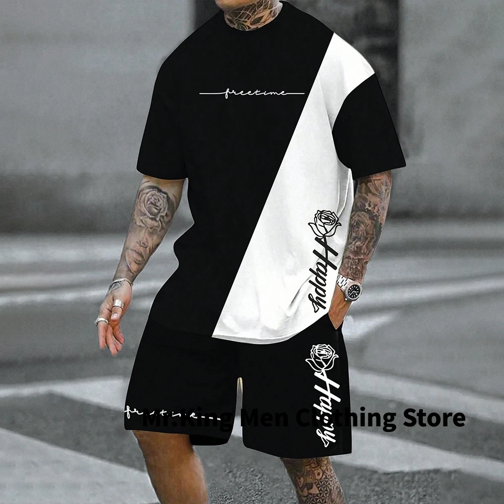 

Men's Summer 3d Letter Floral Print Short Sleeve T-shirt Shorts Set Round Neck Casual T-Shirt Shorts Suit New Sportswear Clothes