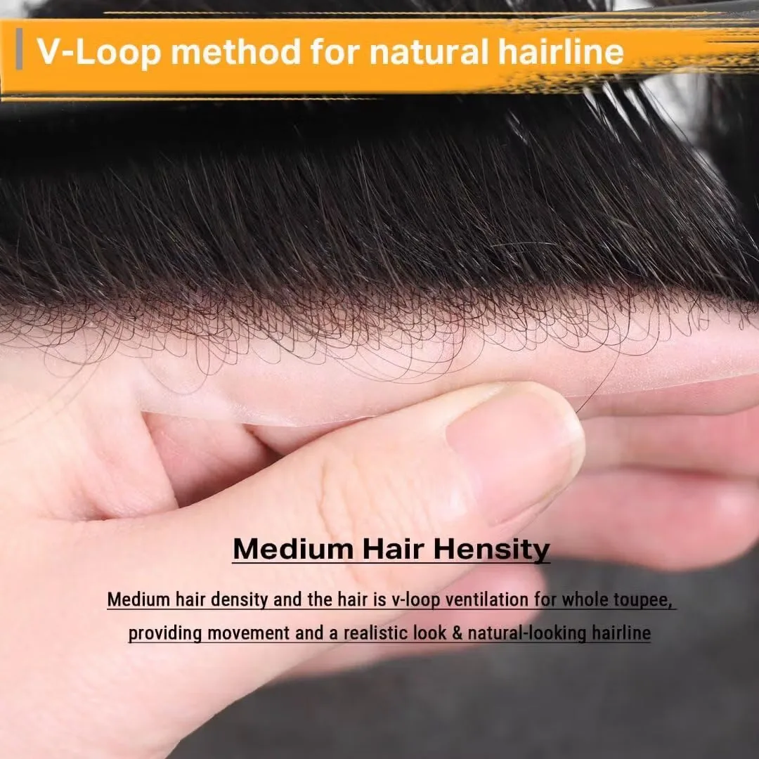 Seraphicwig Toupee For Men Ultra Thin Skin V-looped Men Toupee 0.03mm Full Poly Pu Hairpiece System Natural Hairline Replacement 8X10", 1B10#-1B# Natural Black with 10% Synthetic Grey
