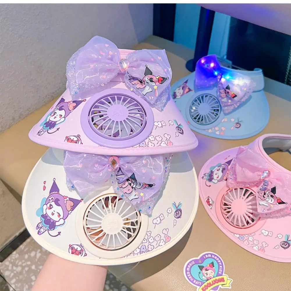 sanrio-kuromi-led-glow-bambino-cappello-per-protezione-solare-ragazza-estiva-cappello-da-ventaglio-per-cartoni-animati-arco-aerea-top-bordo-largo-cappello-da-sole-per-esterni-regali-per-bambini