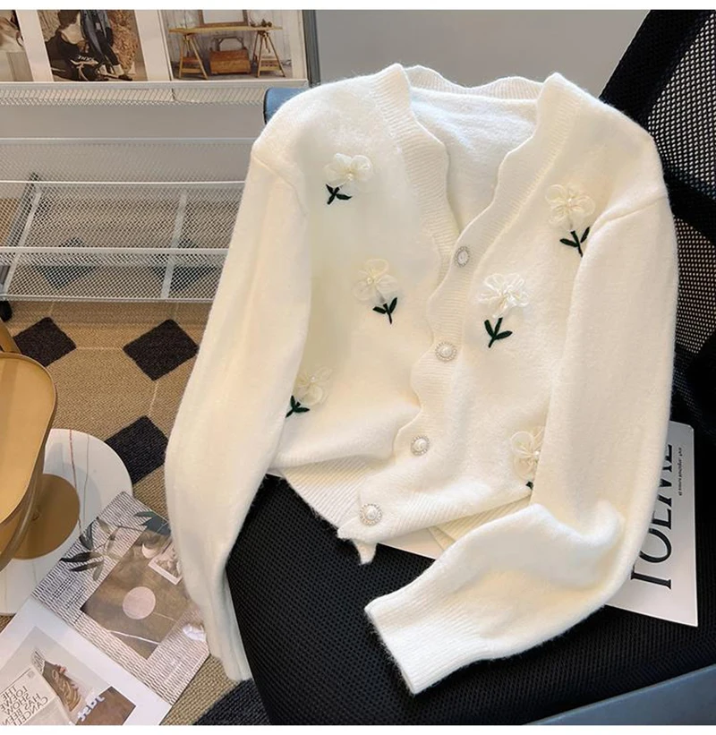 Spring Autumn Flower Nail Bead Knitted Sweater Cardigan 2024 Soft Lace Edge V-neck Top Women Korean Style Loose Long Sleeve Coat